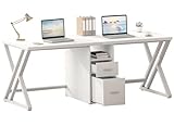 LVB Weiß Large Double Industrial Computer-Schreibtisch mit Schubladen, Extra Lange Gaming-Tabelle mit Lagerung Schrank Regale, Holz-Metall-Computer-Schreibtisch