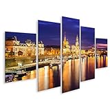 islandburner Bild auf Leinwand Dresden bei Nacht an der Elbe mit beleuchteter Skyline und Reflexionen Bilder Wandbilder 170x80cm