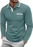 QIXING Herren Poloshirt Langarm Golf Polo Klassisches Baumwoll-Polo mit Brusttasche Casual Polo T-Shirt Pullover(Grau-Grün, L)