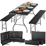 tectake® 3-teiliges Gartenmöbel Set, klappbarer Campingtisch mit 2X Bierbank, Balkonmöbel, Garten oder Terrassentisch Set, Bierzeltgarnitur, mit Tragegriffen, 180cm lang (schwarz)