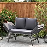 Amopatio Gartenbank Polyrattan mit Liegefunktion – 2-Sitzer Gartensofa mit verstellbaren Armlehnen, wetterfestes Outdoor Sofa für Garten, Balkon & Terrasse, Grau