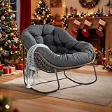 LIFEISLE Schaukelstuhl Schaukelsessel mit Rattan, Loungesessel drinnen & draußen, Ei-Schaukelstuhl für Wohnzimmer Balkon Garten Outdoor und Indoor Samt Grau