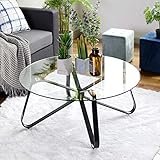 FurnitureR Glas Couchtisch, Wohnzimmertisch, Runder Sofatisch, Couchtisch für Couch, Schlafzimmer, Stabiles Metallgestell, Schwarz + Transparent, 80 × 80 × 40 cm