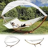 Randaco Hängematten mit Gestell Outdoor Holz Hängematte mit Dach Hängemattengestell 200×150cm, Hängesessel 2 Personen Belastbarkeit 200kg für Garten Camping Strand Balkon