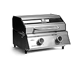 Grillfürst Camping Gasgrill G201E - 2-Brenner Edelstahl Balkon Gasgrill mit Sichtscheibe, Kleiner Outdoor Tisch-Gasgrill, doppelwandiger Gas Griller mit Druckregler