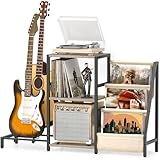 Bikoney Plattenspieler Regal mit 3-stöckiger Schallplatten Aufbewahrung und Gitarrenständer, Turntable Tisch mit Verstärkerablage für E-Gitarre, Bass, Akustikgitarre – Weiß