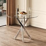 HIYYIH Runder esstisch Glas, 80 * 80 * 75 cm Moderner Esszimmertisch Glastisch Rund, Tischplatte aus gehärtetem Glas, Galvanisierte Tischbeine, küchentisch rund, für Küche, Wohnzimmer, Balkon, Silber