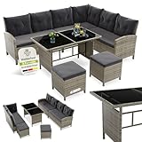 Juskys Polyrattan Lounge Manacor mit Ecksofa, Esstisch, 2 Hocker & Kissen - wetterfest bis 7 Personen - Bezüge waschbar - Rattan Garten Sitzgruppe Gartenlounge Gartenmöbel Set - Grau-meliert