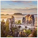 ARTland Wanddeko Wandbild Alu Verbundplatte für Innen & Outdoor Bild 40x40 cm Sächsische Schweiz Natur Bäume Berge Antik Architektur Brücke Bastei Sonnenuntergang U4XD