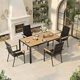 TRIUMPHKEY Gartenmöbel Set 4 Personen, Balkonmöbel mit Aluminium, 4 Stapelstühle mit Holzmaserung und 1 150 cm PS Gartentisch, Terassenmöbel Außen, Braun