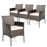 COSTWAY 4er-Set Rattanstühle für draußen, PE-Geflecht Gartenstühle mit Sitzkissen, Metallrahmen & Gebogene Armlehnen, Rattan Essstühle für Balkon, Veranda & Poolbereich