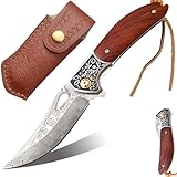 JINPIKER Damast Taschenmesser Klappmesser Damastmesser mit Damaststahl Klinge, Holzgriff, Flipper, Messerscheide Leder - Angelmesser Scharf Einhandmesser EDC Messer für Outdoor Survival Camping Jagd
