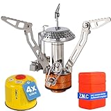 Z.M.C Klappbarer Mini Campingkocher 3200W + Transportdose + 4 STK. Gaskartuschen 300g, Gaskocher Set, Faltbarer Campinggaskocher mit Piezozündung
