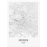 JUNOMI® Dresden Poster DIN A2 Schwarz Weiss, DIN A2 Wohnzimmer Deko, Modernes Wandbild, Dresden Bild, Wandbild ohne Rahmen, Stadtplan Poster Dresden, perfekte Geschenkidee für Dresdener