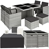 tectake® Rattan Lounge Möbel Set mit Aluminium Gestell, 4 Stühle, 4 Hocker, Tisch, platzsparende Aufbewahrung, Outdoor Rattan Gartenmöbel für Garten Terrasse, mit Abdeckung und 2 Bezugssets - hellgrau