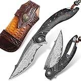 Herren-Klappmesser, handgefertigtes Damaststahl-Taschenmesser, 3,9 Zoll Klinge mit Clip und Lederscheide, Liner Lock, Kohlefaser-Griff, geeignet für EDC Camping Expeditionen, Wandern tragen, Geschenk