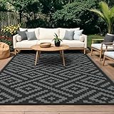 GENlMO Outdoor Teppich Wetterfest 150x240cm Picknickdecke Plastik-Strohhalm Matte UV-bestandig Camping Teppich Waschbarer Outdoor Teppiche fur Garten, Balkon,Pool, Deck, Hinterhof, Schwarz & Grau