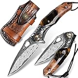 Handgefertigtes Japan Damaszener Stahl Taschenmesser，3,2-Zoll VG10 Klinge Männer und Frauen Klappmesser，Mit Holster，Futterschloss，Kunstharz und Ahorn Griff，Geeignet für EDC outdoor camping，gehen Ange