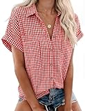 Rapbin Bluse Damen Kurzarm Baumwolle Hemdbluse V-Ausschnitt Sommer Lässiges Tunika Locker Blusenshirt Elegant Oberteile mit Knopfleiste und Tasche Rot Kariert L