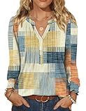 Rapbin Damen Bluse Langarmshirt V Ausschnitt Oberteile Elegant Pullover Lässige Blusenshirt Casual Shirt Herbst Tunika Bluse Tops Bunt kariert M
