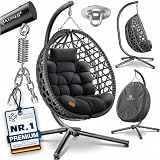 KESSER® Hängesessel mit Gestell Outdoor Indoor Schaukelstuhl Polyrattan 360° 150kg Tragkraft inkl. Polsterkissen & 2in1 Deckenhalterung + Cover – Relaxschaukel - Garten, Balkon, Terrasse, Anthrazit