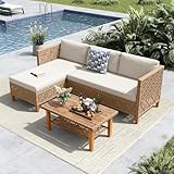 MFSTUDIO 5-teiliges Rattan Gartenmöbel Set mit Outdoor-Couchtisch, Wicker Lounge Corner Sofa Set, Doppel-Couchtisch für zusätzlichen Stauraum, mehrere Querbalken