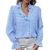 PODOLIXIA Bluse Damen Sommer Langarm Hemdbluse mit Rüschen und Knopfleiste Check Damenblusen Kariertes Hemd Lange Ärmel Karohemd Frauen Holzfällerhemd Trachtenbluse
