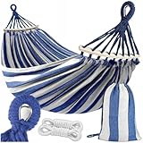 KRUMAD Hängematte 260 cm, Belastbar bis 250 kg, Wetterfest, Baumwoll-Polyester, für Garten, Balkon, Camping, mit Holzstreben & Tragetasche (Blau-Weiß, Ohne Gestell)