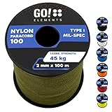 GO!elements 100m Paracord 2mm Seil aus reißfester Nylonschnur - Paracord 100 Typ I Survival Schnur - Reißfest bis 45kg - geeignet als Allzweckseil, Reepschnur, Kordel, Maurerschnur, Farbe: Olive