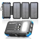 Solar Powerbank 20000mAh mit 4 Solarpanel, Powerbank USB C 15W Schnellladung 5 Ausgänge mit 3 Kabeln, Wasserdicht Outdoor Externer Akku mit Karabiner & Taschenlampen für Camping, Phones, Tablets