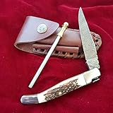 CRAFTOMATIK Damast Stahl Taschenmesser | Klappmesser Laguiole | Hirschhorn, Edelstahl, Messing Stiften Griff | Handgefertigt Outdoor Damastmesser Camping Messer | FK03