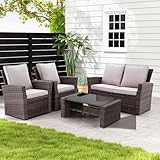 Rattan Gartenmöbel Set, LC Rattanmöbel Balkonmöbel wetterfestes PE-Rattan für Gespräche oder Verandas, aus Gartensofa, Sessel, Beistelltisch, graue Rattanstühle mit Couchtisch aus Glas und Kissen