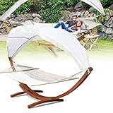 Daromigo Hängematte Outdoor, Hängematte mit Gestell, 200 * 150cm Hängesessel mit Gestell für 2 Personen, Belastbarkeit 200kg, Hängemattengestell Holz, Hängematten mit Dach für Garten, Terrasse, Pool