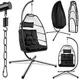 tectake® Hängesessel mit Gestell, Dicke Kissen, Möbel, Deko für Wohnzimmer, Jugendzimmer, Balkon, Outdoor oder Indoor Schaukel Sessel, Kinder & Erwachsene, belastbar bis 160kg - schwarz