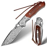 SPITZKANTE Damast-Taschenmesser CRIMSON FANG, Kompaktes, Leichtes EDC Klappmesser mit Holzgriff, Zweihandmesser, Liner Lock, Perfekt für Alltag, Paket, Obst, §42a-konform