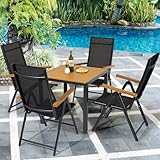 LIFERUN Alu Gartenmöbel Set 5-tlg, Balkonset 4 Stühle 1 Tisch, WPC Gartentisch + 4er Hochlehner Gartenstuhl Klappbar Wetterfest Aluminium Balkonmöbel für Veranden, Innenhöfe, Terrassen, Teakbraune5pcs
