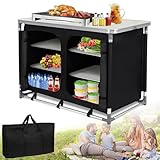 ACXIN 6 Fächer Campingküche Faltbarer Campingschrank, Küchenbox Reiseküche, mit Alurahmen, Staufächer, Tischplatte, inkl. Tragetasche