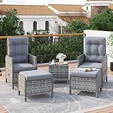 Amopatio Rattan Gartenmöbel Set mit 2 Verstellbarem Rattan Sessel, 2 Hocker & Glastisch, Wetterfest Lounge Möbel Outdoor mit Softkissen, für Garten,Terrasse & Balkon, Grau-meliert & Dunkelgraue Bezüge