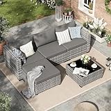 Amopatio Rattan Gartenmöbel-Set, Poly Rattan Sitzgruppe Couch 5 Teilig mit 3er Sofa, Sessel, Kissen und Glastisch für Garten, Terrasse und Balkon, Lounge-Set, Grau-meliert & Dunkelgraue Bezüge