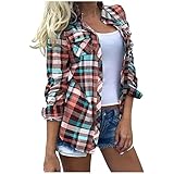 Damenhemden, Herbstjacken, modisch, langärmelig, lässig, kariert, Knopfleiste, elegante Bluse, lockere Arbeit, Tunika, Tops, trendig, leicht, mit Taschen, 005* Rot, M