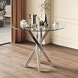 Merax runder Esstisch 80x80x75 cm, moderner Glastisch mit gehärteter Glasplatte, galvanisierte Metallbeine in Silber, Stabiler Küchentisch für 2–4 Personen, Kaffee und Freizeittisch, Silber