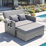 GIANTEX Lounge Möbel Outdoor, Rattan Gartenlounge Set mit Hocker, Gartensofa mit Liegefunktion, Balkon Lounge Set, Doppelliege Outdoor Sofa, Balkonmöbel Sonneninsel Loungebett mit stauraum