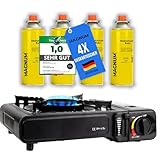 MAGNUM® Gaskocher inkl. 4x Gaskartuschen und Tragekoffer - Campingkocher mit Gaskartuschen – Gaskocher Camping komplett Set mit Piezozündung