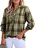 GRMLRPT Damen Kariertes Bluse Langarm V-Ausschnitt Karohemd Elegant Trachtenbluse Oktoberfest Bluse Tunika Oberteile Casual Button-down Blusen(Grün,L)