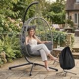 Koioplie Faltbarer Hängesessel mit Gestell – Wetterfestes PE-Rattan, inkl. Staubschutzhaube & Kissen, ergonomisch & einfach zu montieren – Für Garten, Balkon, Terrasse – Belastbar bis 150kg – Graues