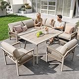 Xwiny Gartenmöbel Set für 8 Personen, 4-teiliges, 1 Tisch mit Holzoptik-Glasplatte, 2 Handgeflochtenen Sesseln, 1 Sofa, Eisengestell mit Beigen Kissen, Inklusive Aller Kissen und Sitzkissen