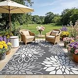 SHACOS Outdoor Teppich Wetterfest, Wendbarer Vorzeltteppich UV-Beständig, Balkon Teppich Leicht Kunststoff, für Camping Wohnmobil Garten Terrassen, Blumen Grau, 180 x 270 cm